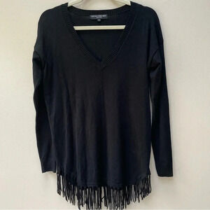 Revolve Central Park West Oversized Black Fringe Long Sleeve V Neck Top Size XS